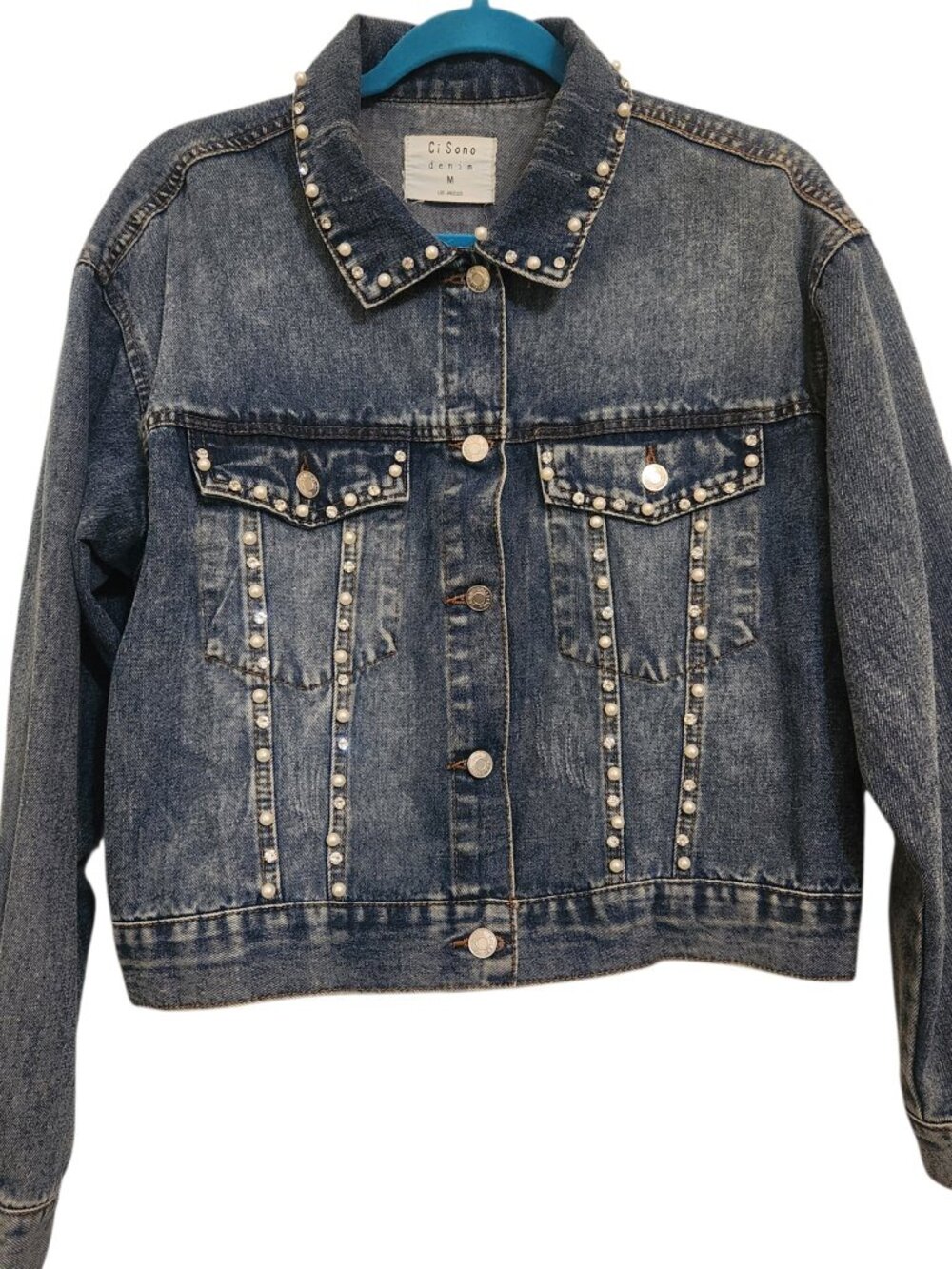 Ci Sono Distressed Denim Jacket With Pearls and Rhinestones Size M